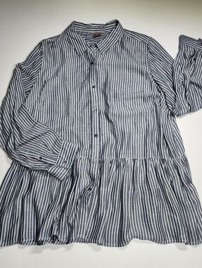 Plus Size Striped Collared Tunic Top Peplum Hem Long Sleeve 1XL